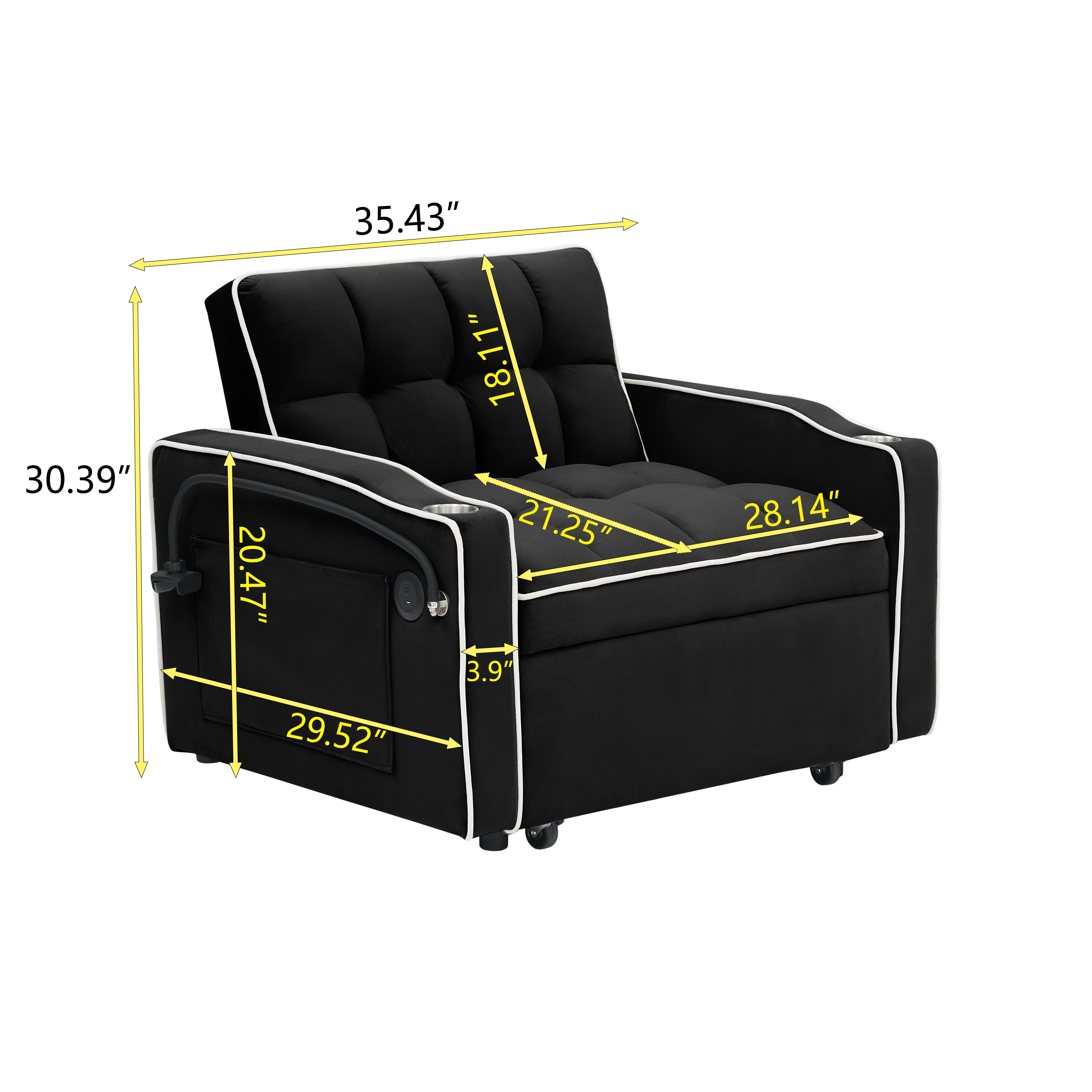 avobird 3 in 1 Convertible Chair Bed Sleeper, Pull Out Sofa Bed With adjustable back/USB port/ashtray/swivel phone stand, Black Lines