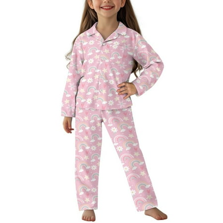 DISNIMO Pink Rainbow Flower Pajamas for Girls Button Down Pajamas Kids Girls Pjs 7-8 Pajamas for Kids Set Pajamas Long Sleeve Girls Pjs Soft Pj Girls Fall Pjs Kids 2 Piece Button Up Pjs