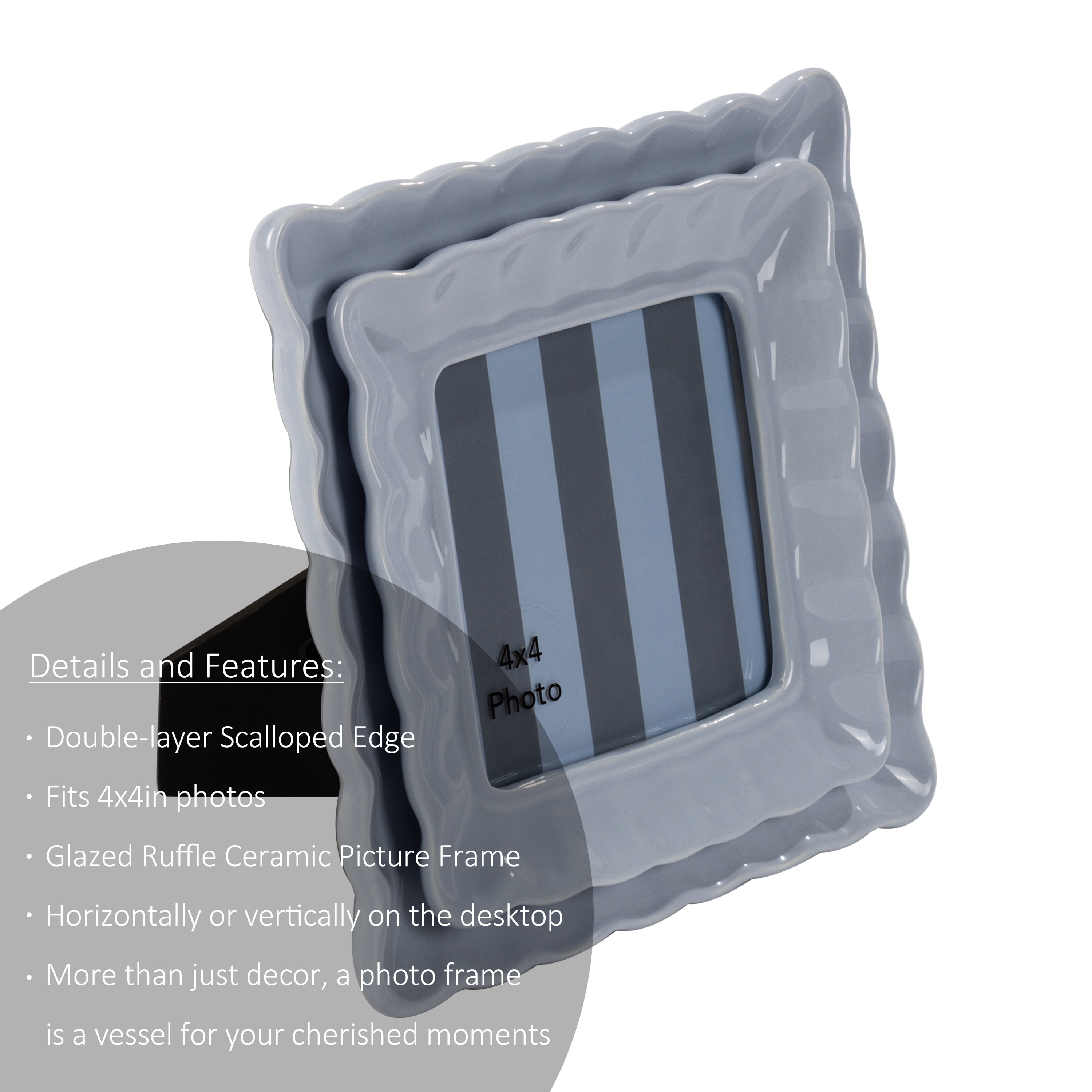 Sterling & Noble Home – 4x4 Picture Frame – Double Ruffle Light Blue Ceramic Tabletop Photo Frame