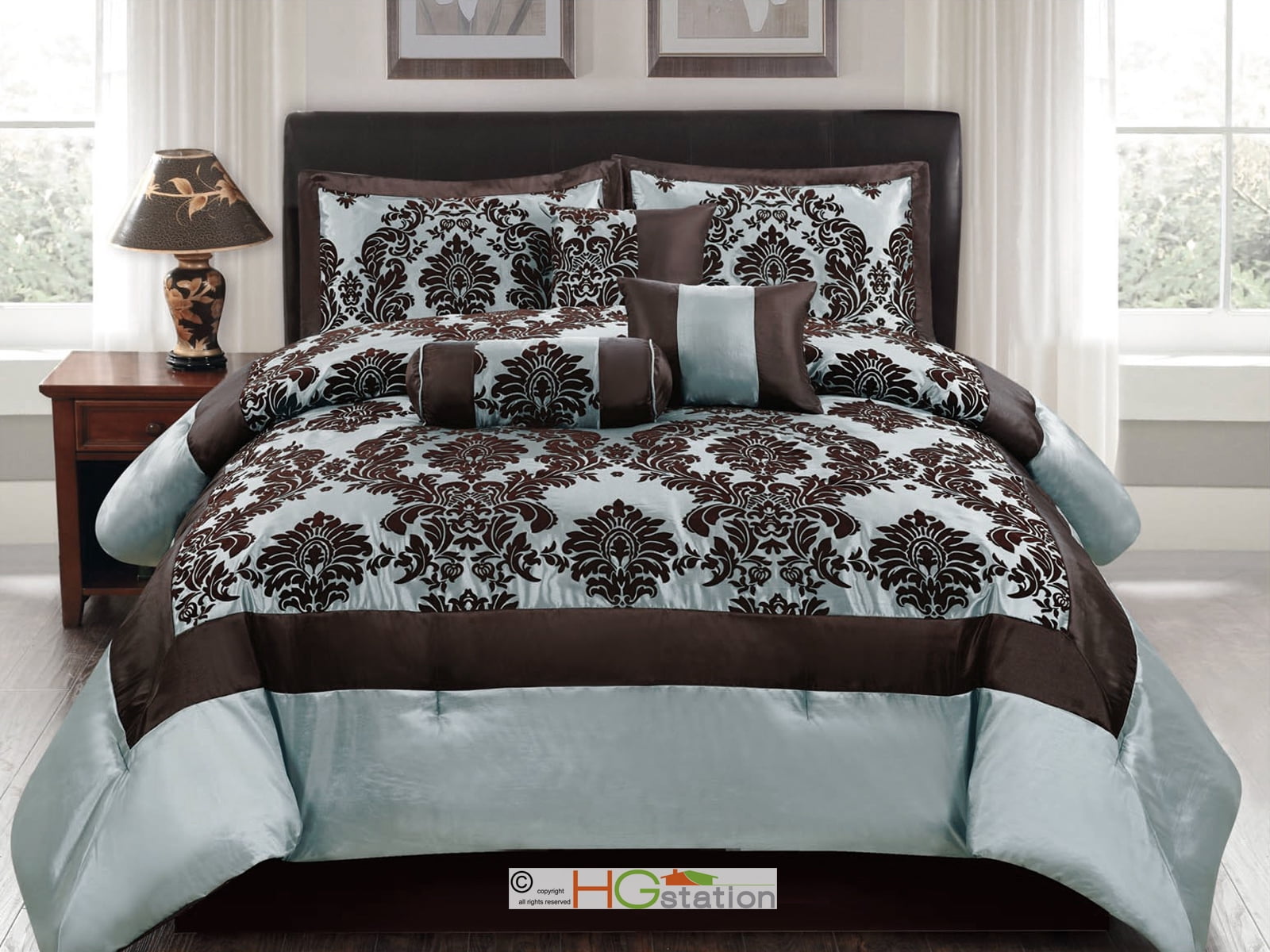 7 Pc Silky Poly Satin Flocking Damask Floral Square Comforter Set