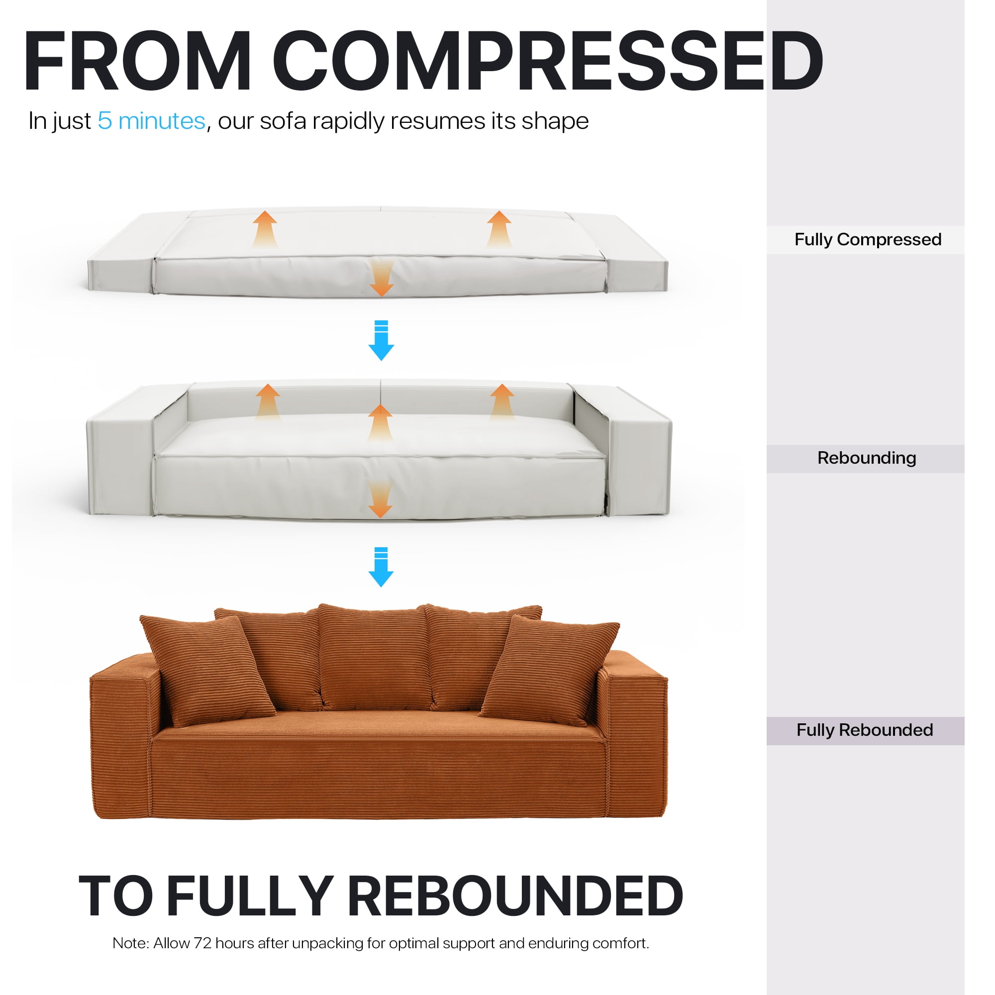 Aukfa 89" Upholstered Sleeper Sofa Couch, Corduroy Living Room Sofa,5 Pillows, Assemble-Free,Orange