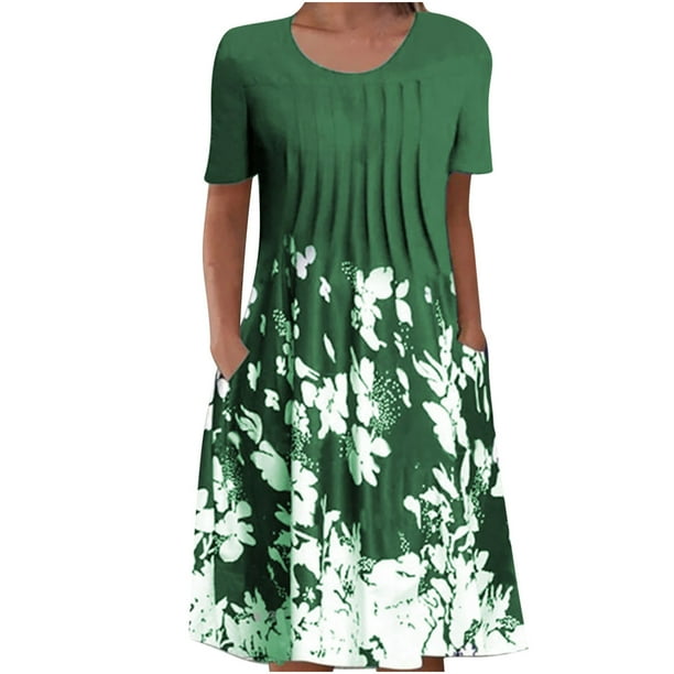 Vestidos estampados florales plegables de manga corta con cuello redondo informal de verano para mujer Fridja qw2804