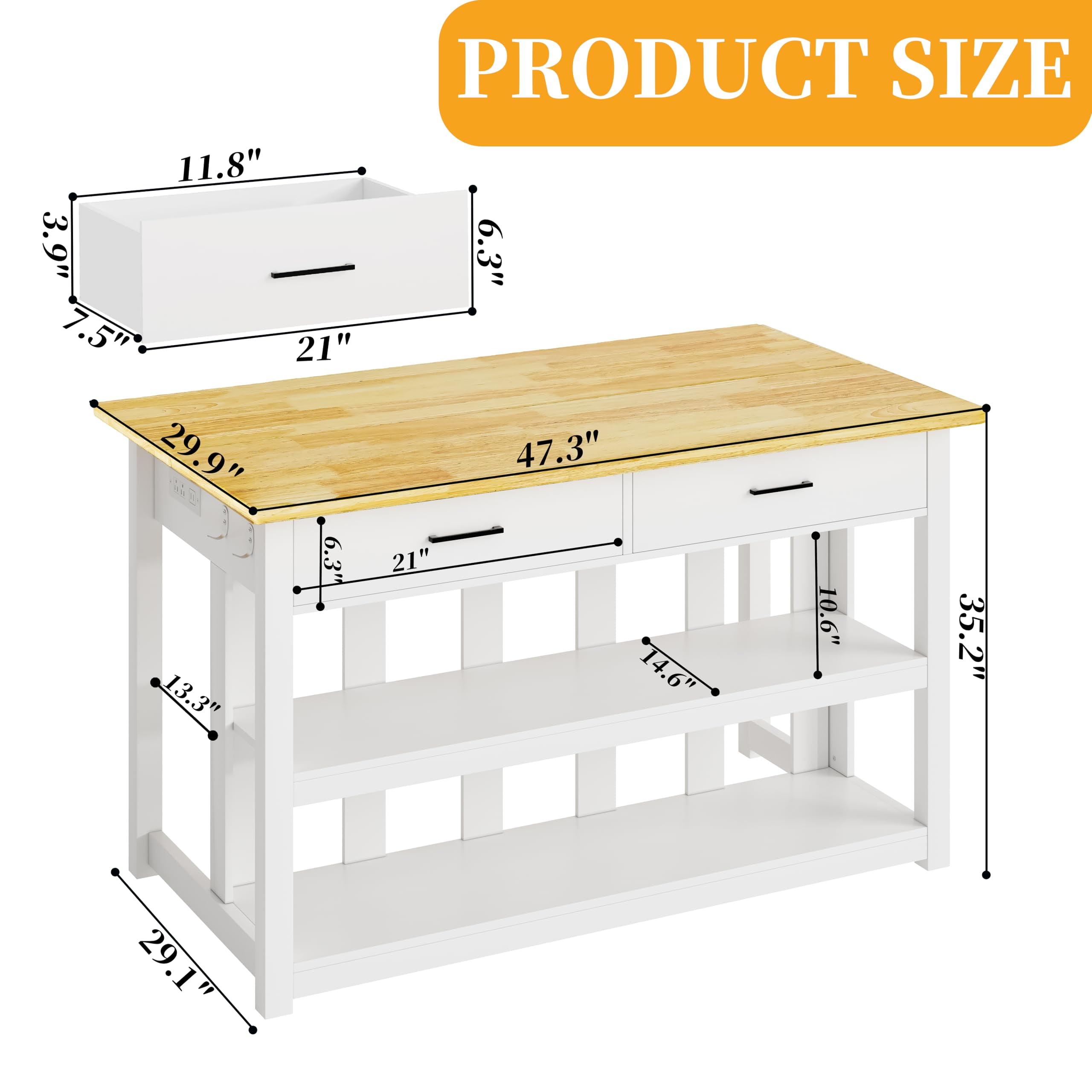 ChicZhiNest Kitchen Island with Storage, 47.3" Solid Rubberwood Top Kitchen Island with Power Outlet and 6 Hooks, White