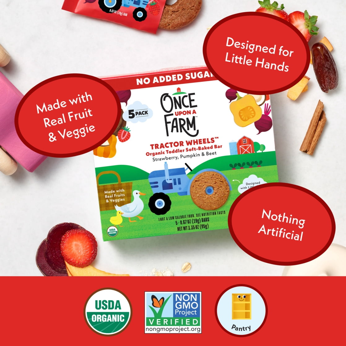 Once Upon a Farm Organic Tractor Wheels Toddler Bar, Strawberry, Pumpkin & Beet, 5ct