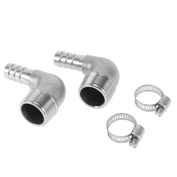 Accesorios de manguera Unique Bargains con 2 abrazaderas, conector de codo de 90 grados para aire, agua, aceite, gas, combustible, acero inoxidable 35/64" OD 3/4" BSPT 1 juego tono plateado