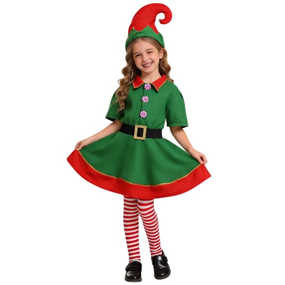 Elf Girl Outfit Short Sleeve Christmas Elf Dress Girls Hat Sets Holiday Outfit Christmas Outfits for Kids 11-12 Years