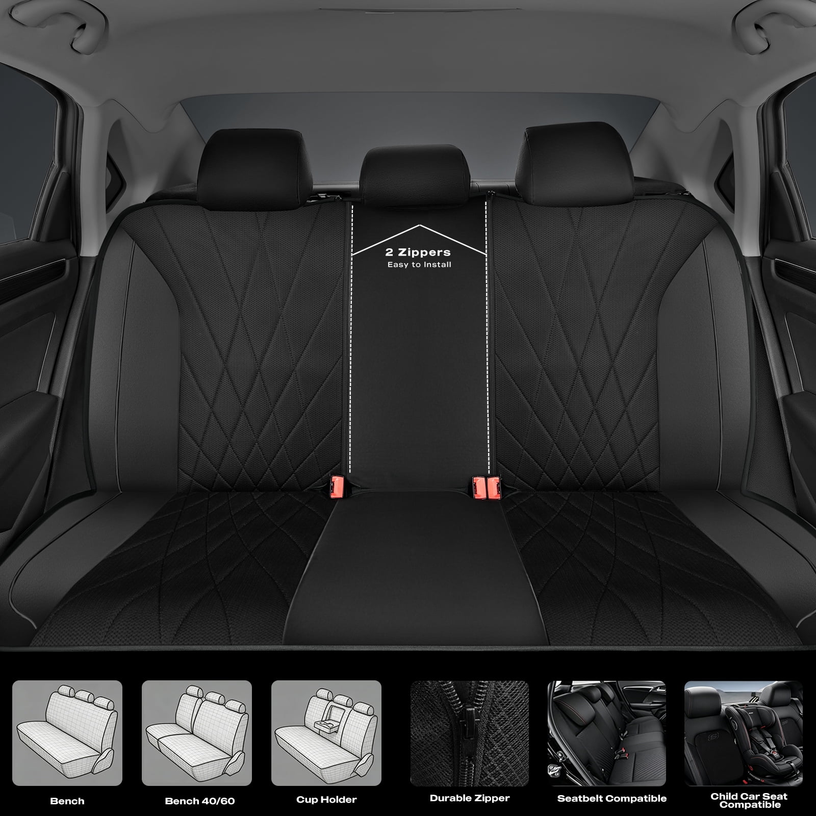 Skechers Car Seat Covers , Air-Cool Design Memory Foam Seat Covers, Piping Leather Mesh Car Seat Cover,Airbag Compatible,Automotive Comfort Universal FitMost Cars,Vans,Truck,SUV,Black Front Set
