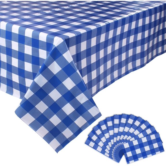 12 Packs Bule and White Checkered Tablecloths Party Picnic Disposable Table Covers 54 × 108 Inches Splashproof Plastic Checkered Gingham Tablecover for Outdoor Dinners Party Retro Celebrations