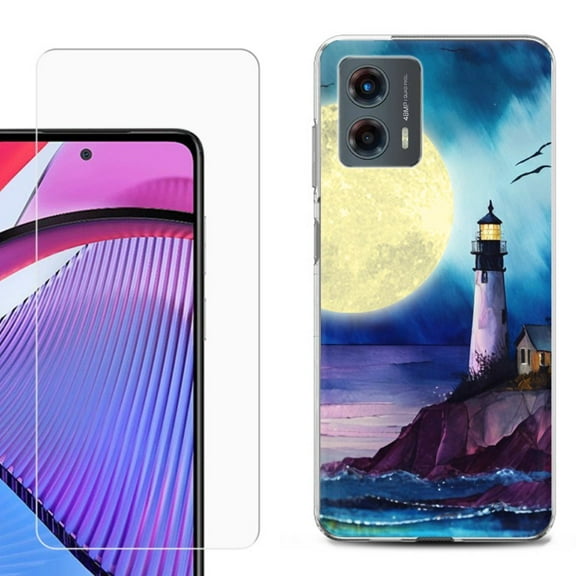 OneToughShield ® Compatible with Motorola Moto G 5G 2023, Shockproof Phone Case, with Tempered Glass Screen Protector - Lighthouse Moon