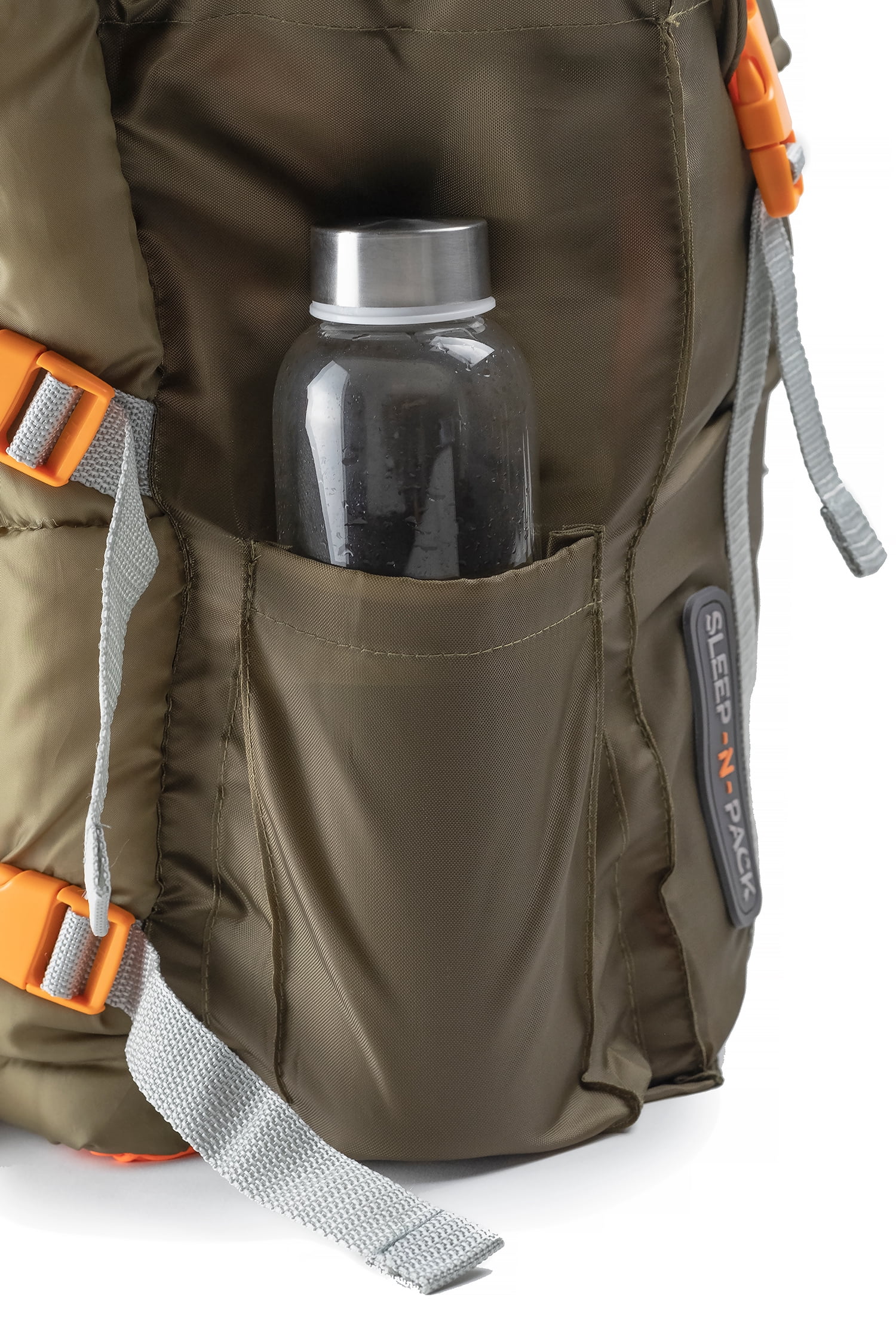 Mimish Sleep-N-Pack, 37F Kid's Sleeping Bag & Backpack, Olive Green/Bright Orange