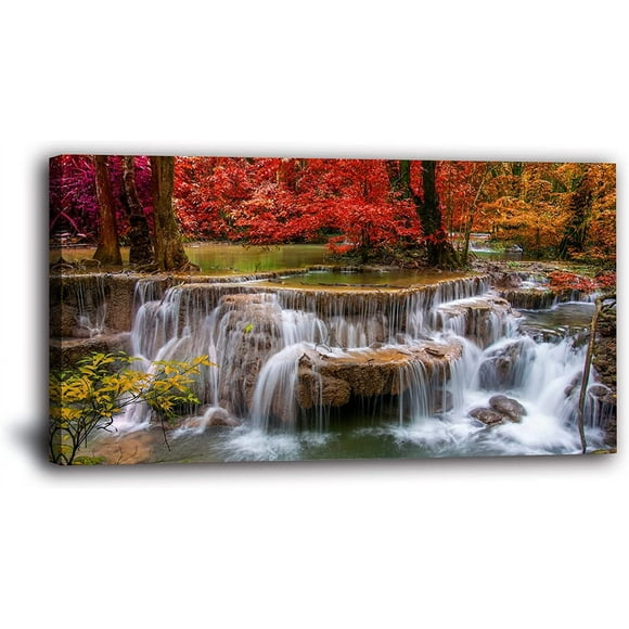 AIR-Large Waterfall Canvas Wall Art Landscape Painting - Trees Forest Wall Picture Prints- Fall Scene Artwork Picture Framed for Living Room Bedroom Home Office Wall Decor-FramedWall Art (24x48inches