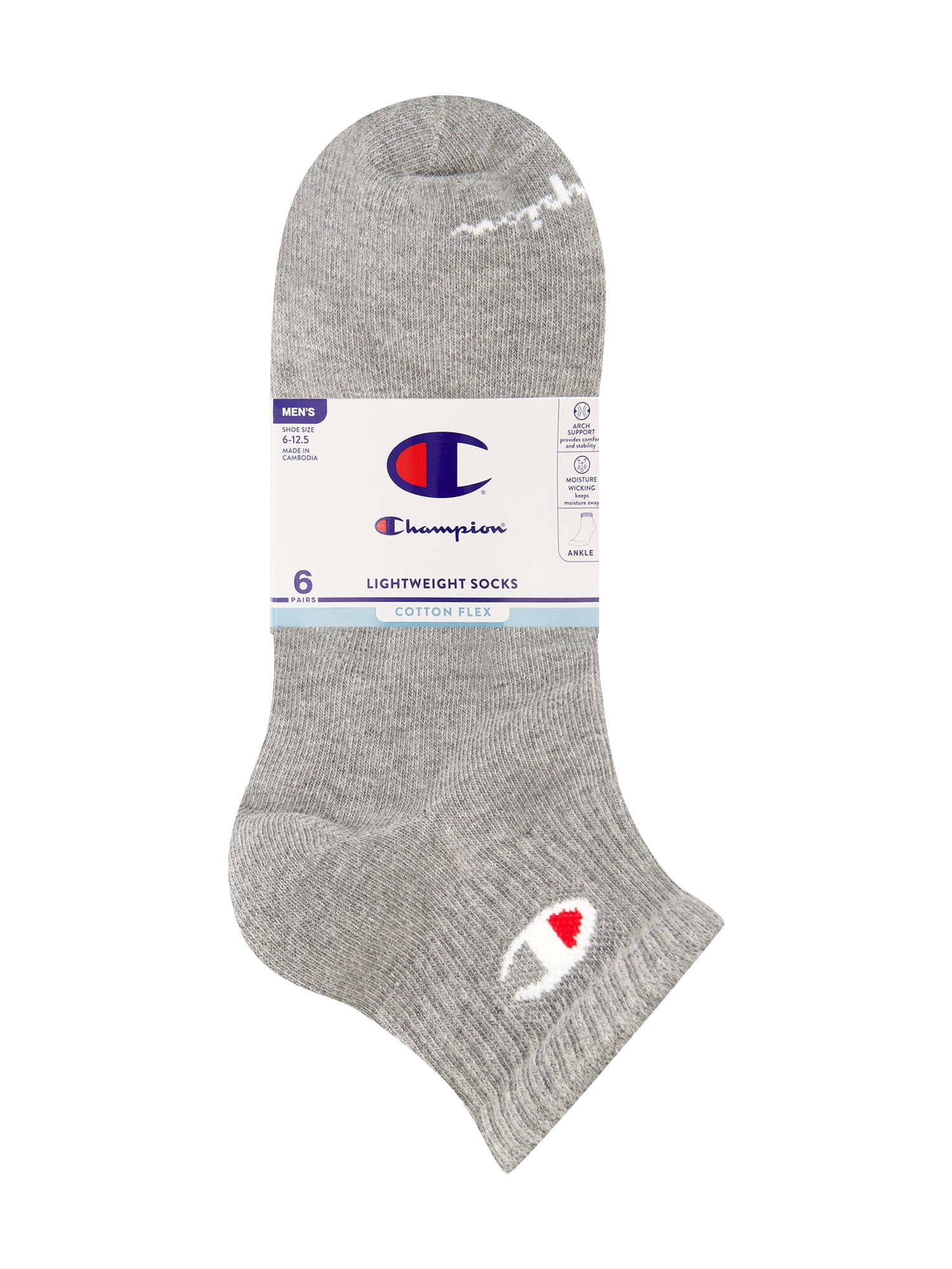 Champion Men’s Lightweight Ankle Socks 6 Pack, Moisture-Wicking, Arch Support, Stretch Comfort, Sizes 6–12.5