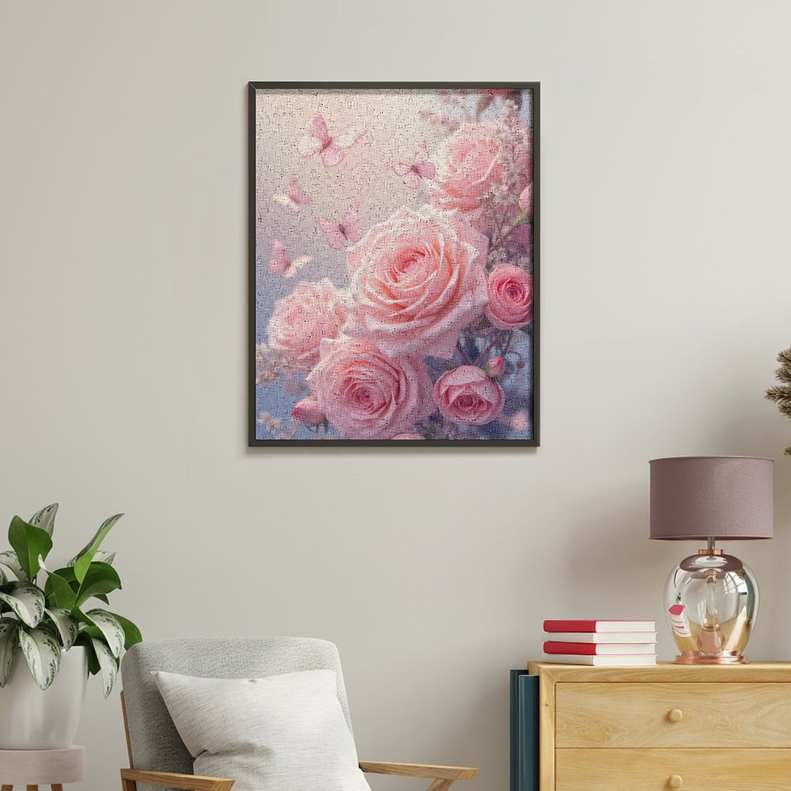 Paint By Numbers Kit for Adults Beginner - Pink Roses Butterflies Blossoms Spring DIY Canvas Painting Kits for Adults, Frameless Paint By Number for Adults for Home Wall Decor 16x20 Inch