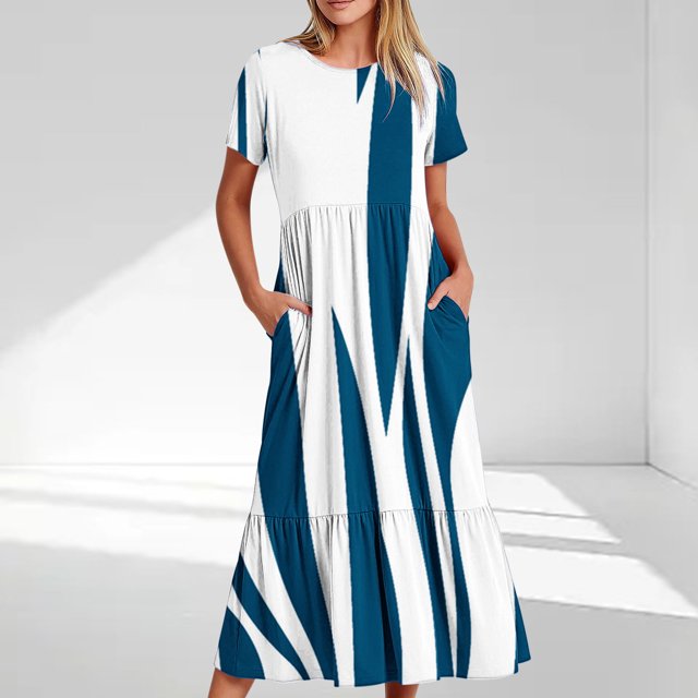 Offres du Jour Liquidation Iumwxz Robes à Manches Courtes Col Rond pour Femmes Tunique Décontractée Ample Robe Longue Plissée Robe Graphique à Rayures Robes Tendance pour Fête de Vacances