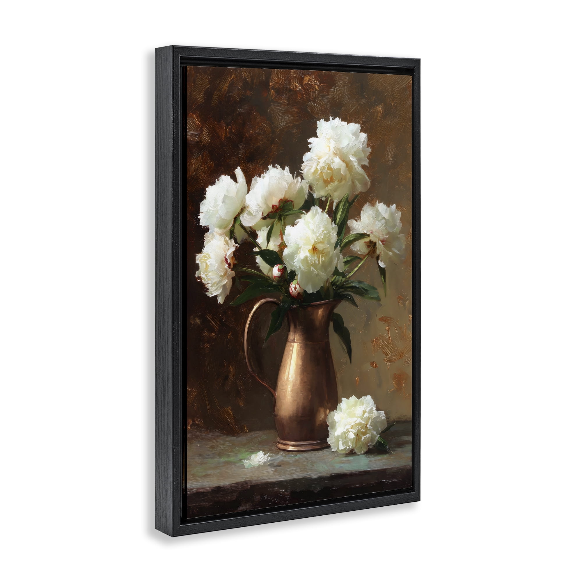 Stupell Industries Bronze Vase Peonies Black Framed Floater Canvas Wall Art, design by Petal Prints Design