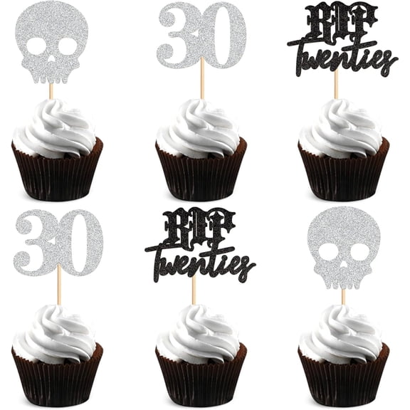 30th Birthday Cupcake Toppers, 12PCS Glitter Picks with Skull & RIP Twenties for Dirty Thirty Party Dessert Decor
