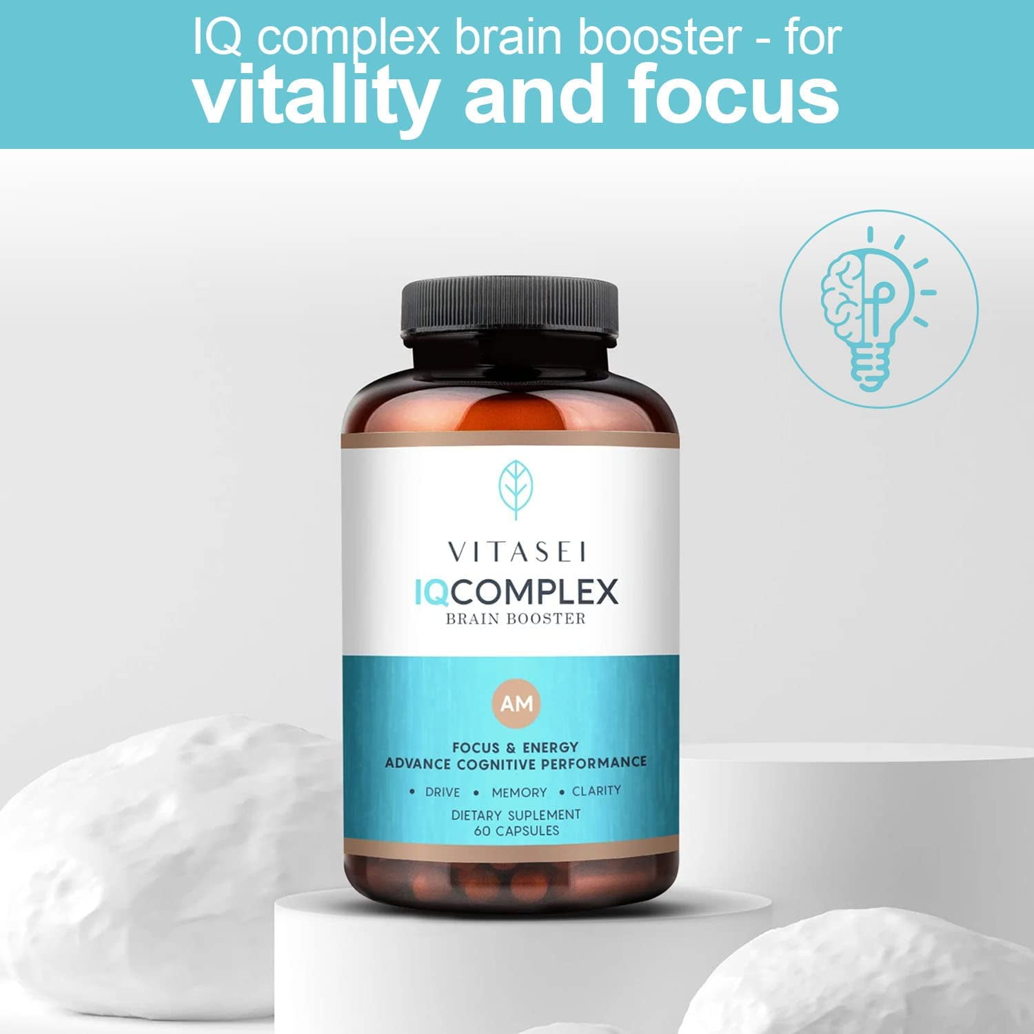 Vitasei IQ Complex AM Brain Booster Brain Supplement for Memory & Focus-Energy & Cognitive Capsules W/Ashwagandha,Quercetin & Green Tea,Memory Pills for Mental Clarity,Mental Focus- 60 Capsules (3pck)