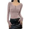 thumbnail image 2 of Chandails à Manches Longues pour Femmes Automne Hiver Bouton Col Rond Hauts Extensibles Décontractés Blouses Côtelées Violet P, 2 of 4