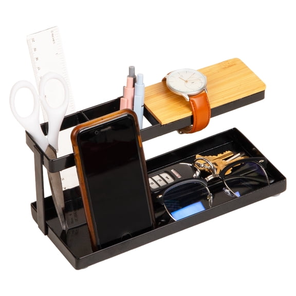 Mind Reader Steel and Wood Desktop Organizer,  Desktop Dock with Catchall Tray, Black