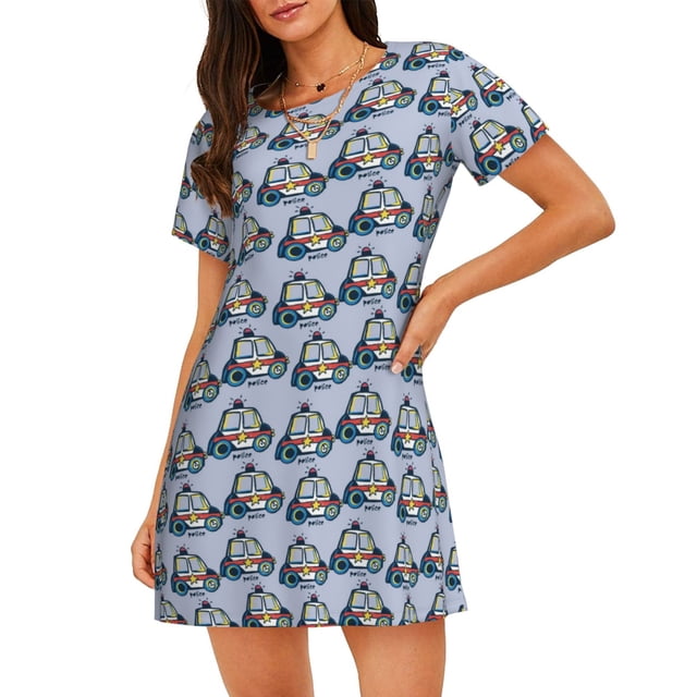 Vsdgher Motif Voiture de Police Chemise de Nuit à Manches Courtes Col Rond Mignonne Robe de Nuit Confortable