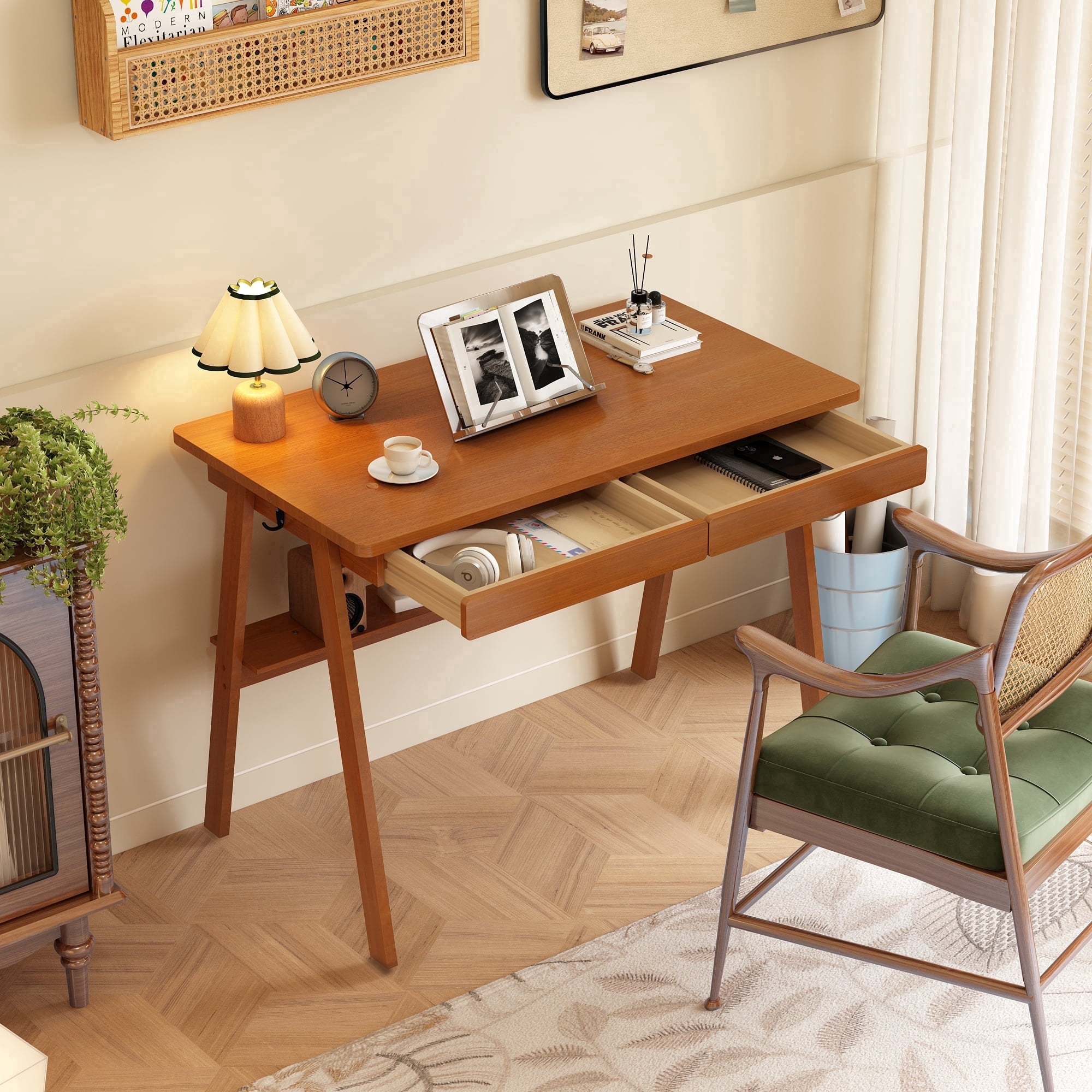 BESKADI Solid Wood Desk with Drawers - 39.4 Inch Mid Century Modern Desks with Storage Shelf, Small Writing Desk for Small Spaces, Home Office Desks for Bedroom & Home, Walnut Color