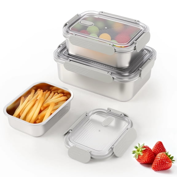 3 PCS Stainless Steel Food Storage Containers, Airtight Bento Box with Leakproof Lid & 4 Side Clips, Stackable Meal Prep Containers, Fridge Dishwasher Oven Safe for Snacks Fruits Leftovers