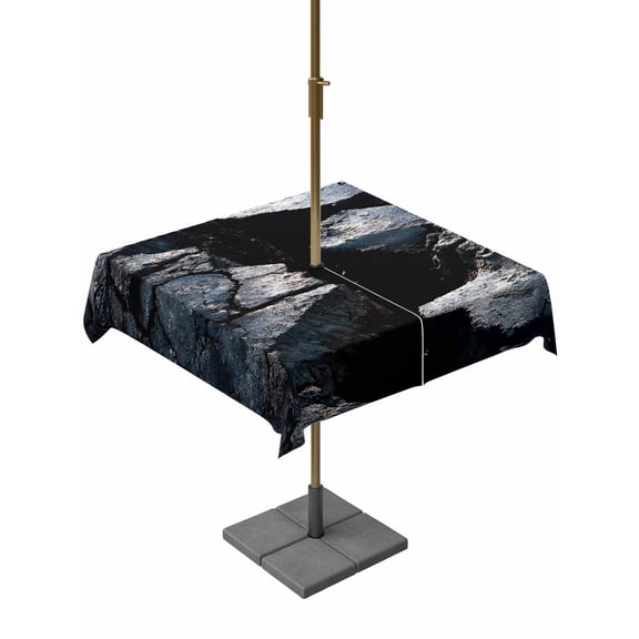 Square Outdoor Tablecloth with Umbrella Hole Black Broken Stone Outside Table Cloth Waterproof Patio Table Cover Modern Deep Cracks Artistic Zipper Tablecloths for Picnic Party Camping 54x54 Inch