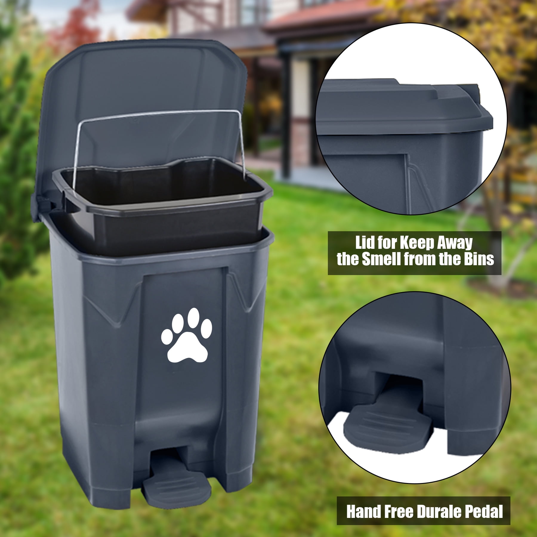 Dog Poop Trash Can Outdoors Pet Waste Station with Lid:15L Plastic Dog Poop Disposal Container with Removable Inner Bin Bucket Foot Pedal Type Garden Yard Home with 5Rolls Waste Bags, Grey