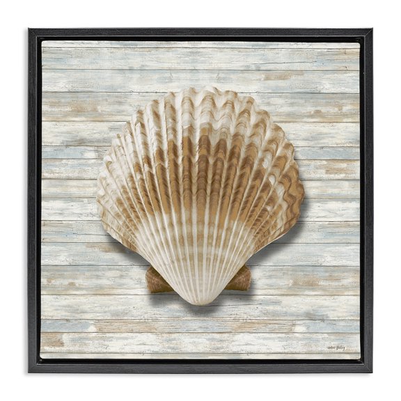 Stupell Industries Coastal Clam Shell on Shiplap Black Floating Frame Canvas Art, 18 x 18, by Amber Sterling