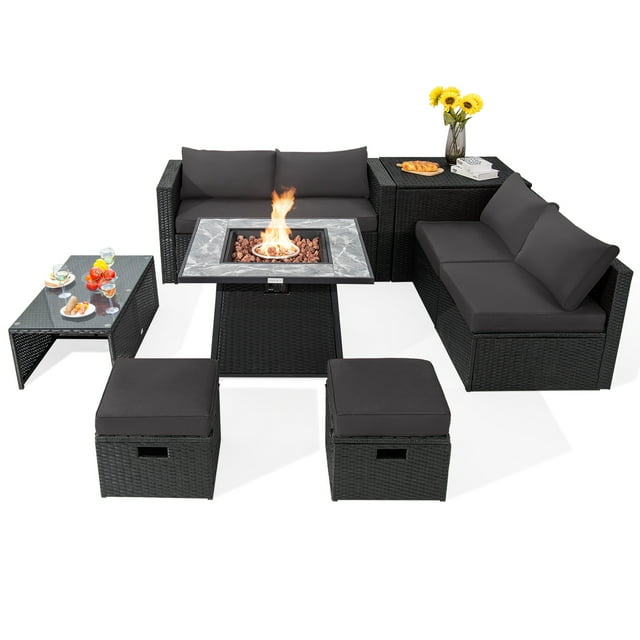 Patiojoy Canapé Sectionnel d'Extérieur en Rotin PE Tressé 9 Pcs avec Table de Foyer au Gaz de 35 Pouces, Ensemble de Conversation de Patio Gain de Place avec Coffre de Rangement Gris