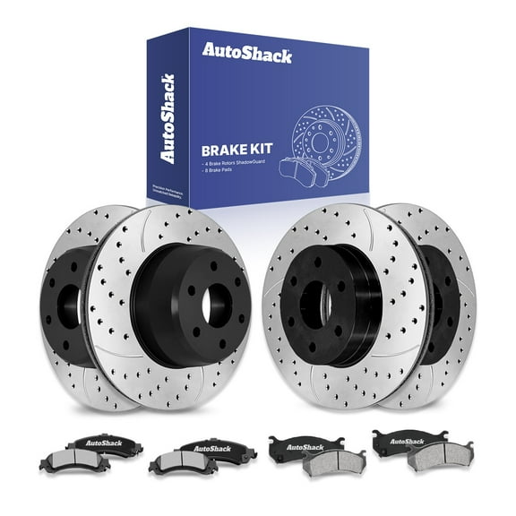 AutoShack Front & Rear Drilled & Slotted Brake Rotors Ceramic Brake Pads | Replacement for GMC Sierra 1500 Yukon XL 1500 Chevrolet Suburban 1500 Tahoe | E-Coated | 12-PC Brake Kit | ShadowGuard