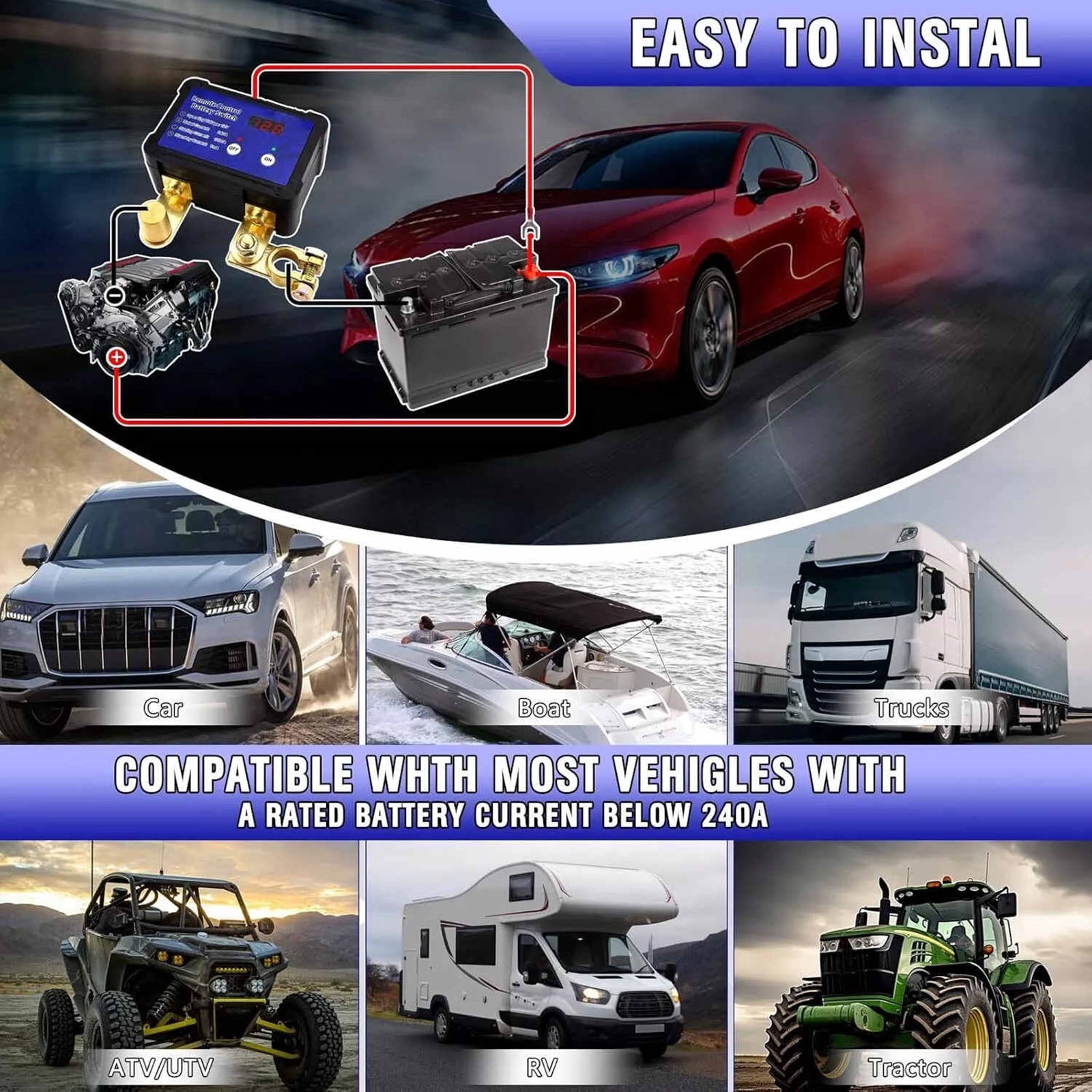CSYANXING 12V Remote Control Car Battery Kill Switch 240A with LED Voltage Auto Disconnect to Prevent Battery Drain