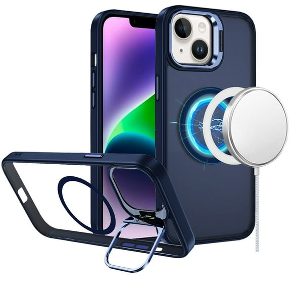 For Apple iPhone 16 (6.1") Case, Heavy Duty Metallic Hybrid Tough TPU with Camera Ring Stand, MagSafe Compatible, Rugged Drop Protection Phone Cover (Blue)