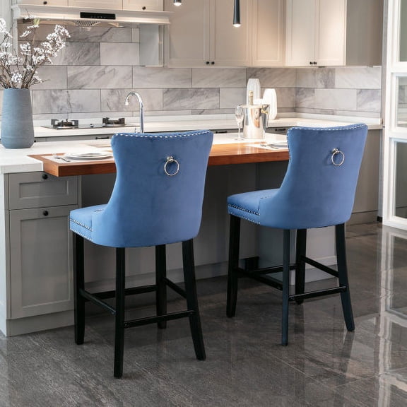Knubmt Set of 2 Velvet Barstools with Wooden Frame, Upholstered Bar Stools for Living Room, Bar, Dining Room, Kitchen Island, Blue