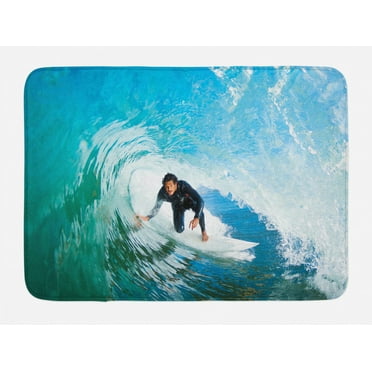 Ride The Wave Bath Mat, Surfer inside Ocean Wave Adventure Adrenalin Energy Sea Sports Picture, Non-Slip Plush Mat Bathroom Kitchen Laundry Room Decor, 29.5 X 17.5 Inches, Sky Blue White, Ambesonne