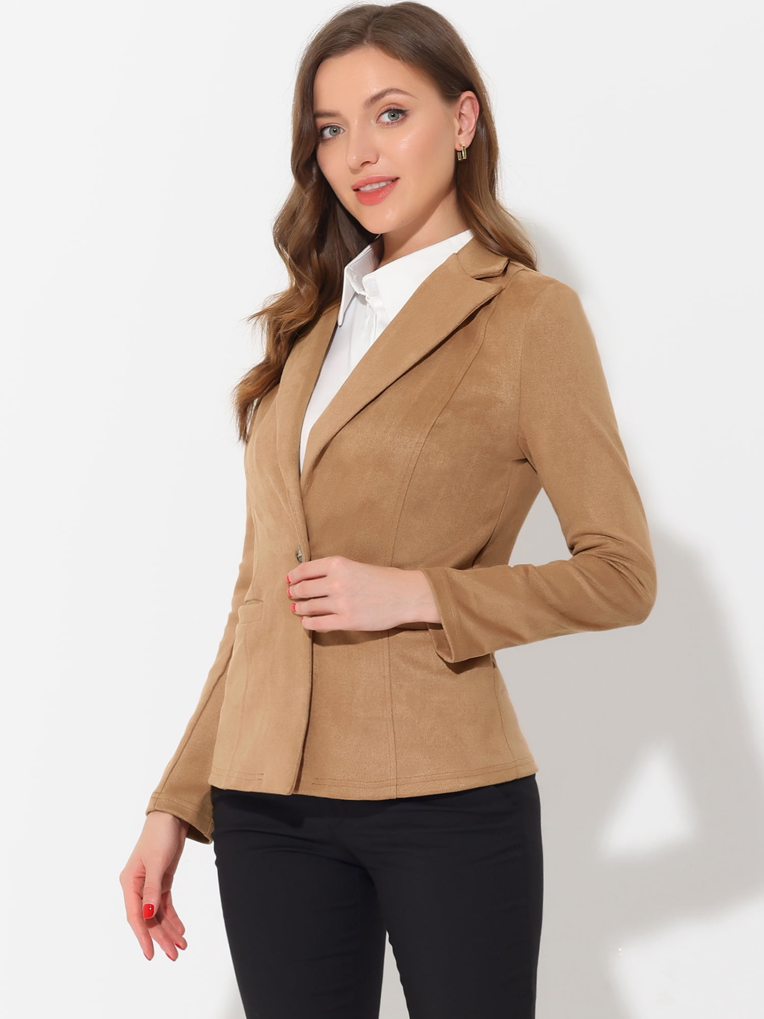 DARING DIVA Lapel Collar Long Sleeve Faux Suede Blazer 3XL Khaki