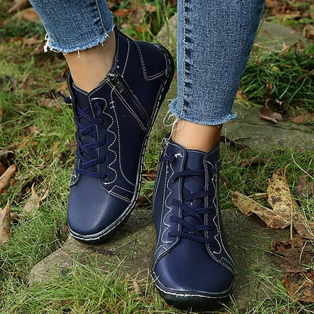 

Juebong Boots Deals Vintage Splicing Ankle Boots Velvet Zip Up Short Boots Ladies Round Toe Lightweight Patchwork Zipper Flat Boots