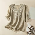 thumbnail image 2 of Endives Shirts for Women Embroidered Tops Floral Cotton Linen Tunic T shirt Tee Women 3/4 Sleeve V Neck Button Boho Ethnic, 2 of 3