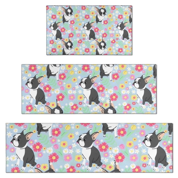 Boston Terriers and Flowers Kitchen Rugs Sets Of 3,Kitchen Runner Rugs Non Skid Washable,Decorative Kitchen Floor Mats for Kitchen,Sink,Laundry,17"x30"  17"x47"   17"x59"