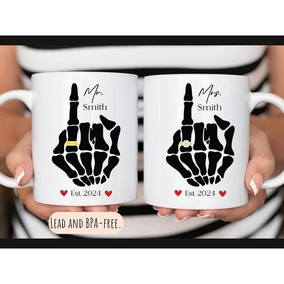 Personalized Mr and Mrs Skeleton Hand Coffee Cups Set of 2, Funny Bride and Groom Wedding Gift, Engagement Gifts for Him & Her, Bridal Shower Gifts for Newlyweds, Bride & Groom Couple Mugs
