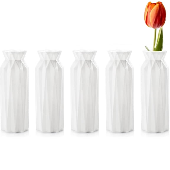 NOGIS 5 Pack Composite Plastic Flower Vase, 8" Plastic Vases for Centerpieces, White Unbreakable Vase for Wedding Dinner Table Party Living Room Office Bedroom Decor, Origami Design (Style A)