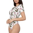 thumbnail image 2 of KLL Women 's Crew Neck Bodysuit Jumpsuits Flowe Rooster Print Short onesies Stretch T Shirts, 2 of 7