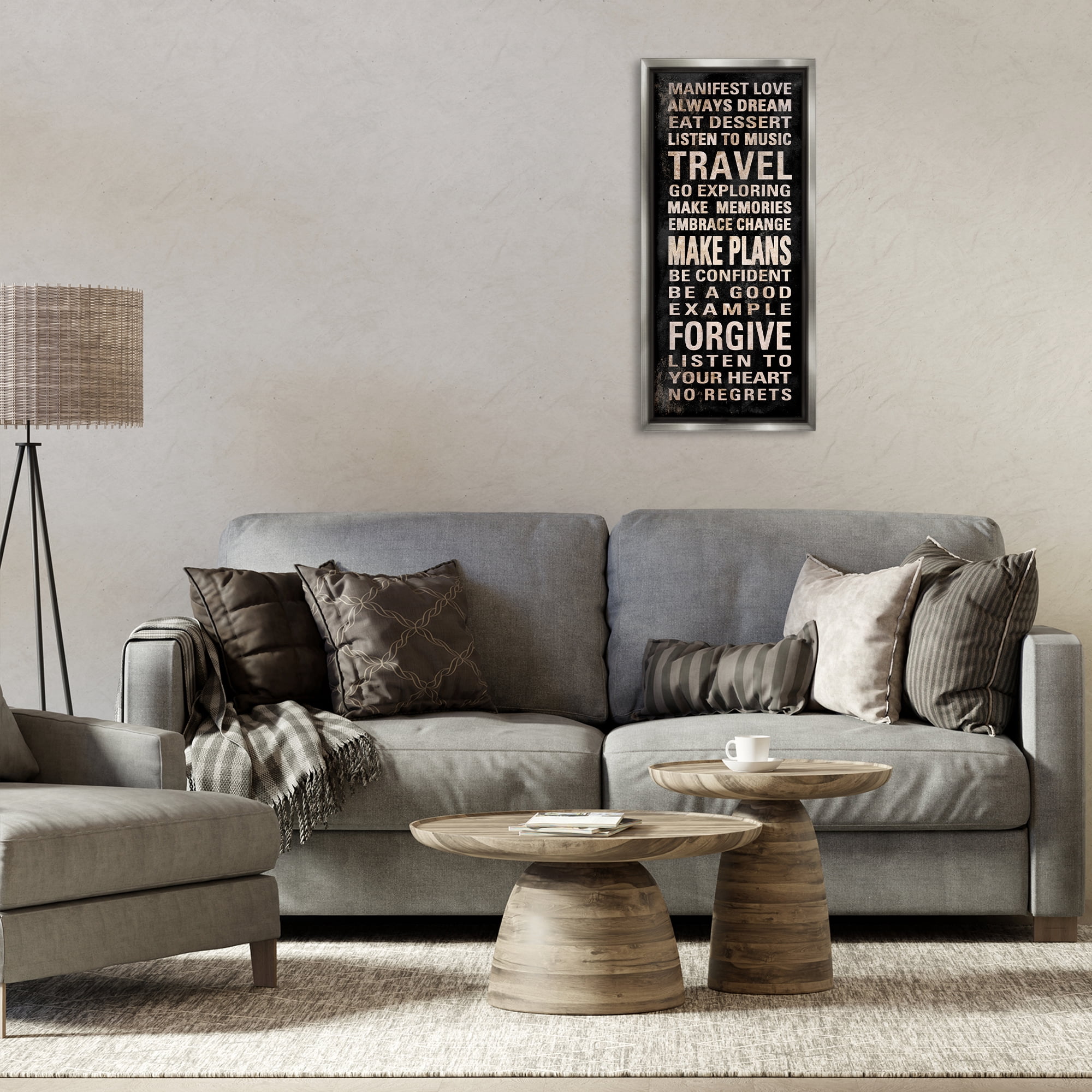 Stupell Industries Manifest Love Phrases Typography Painting Gray Floater Framed Art Print Wall Art, 15 x 31