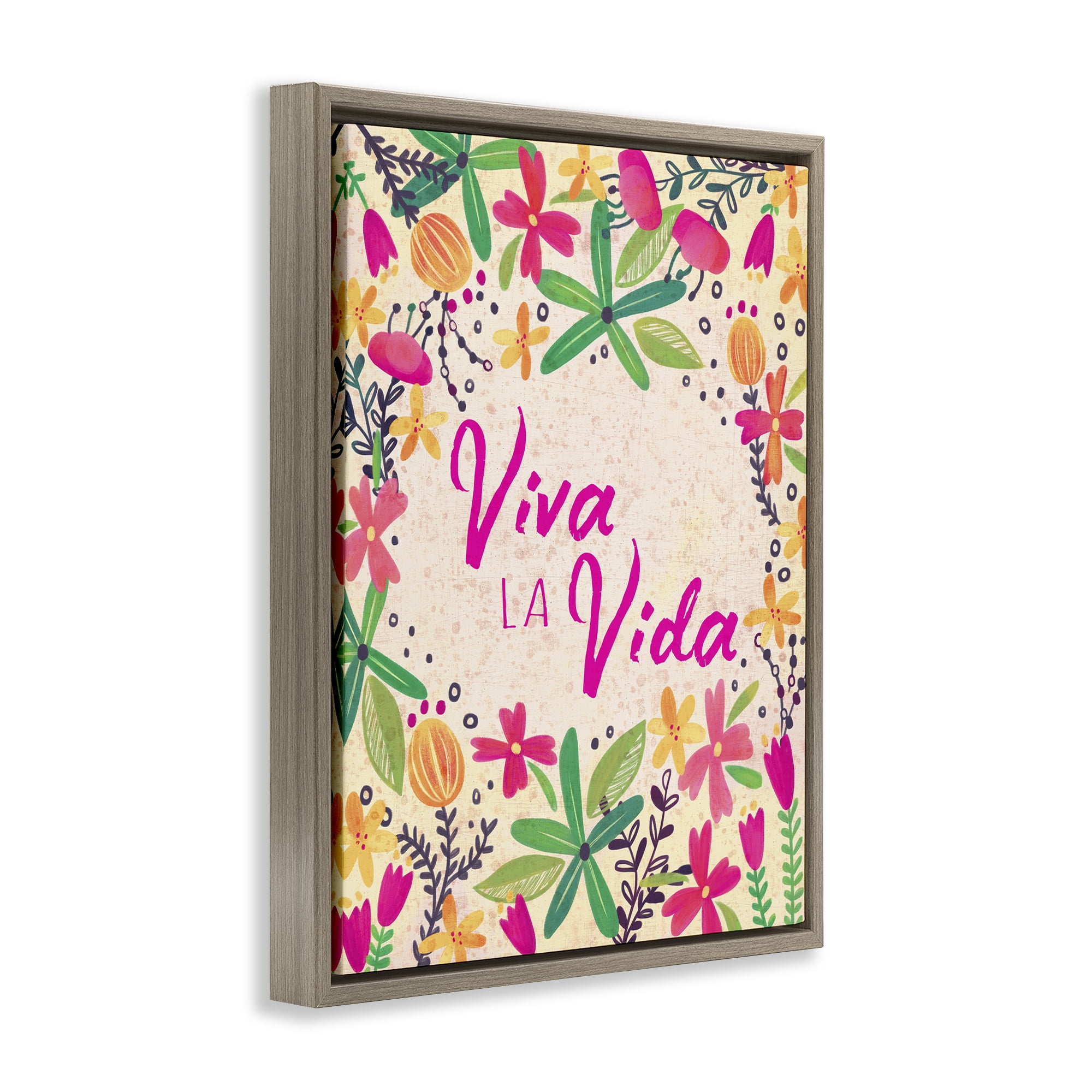 Stupell Industries Viva la Vida Flores Tropicales Inspirational Quotes & Sayings Painting Brown Floater Framed Art Print Wall Art, 25 x 31