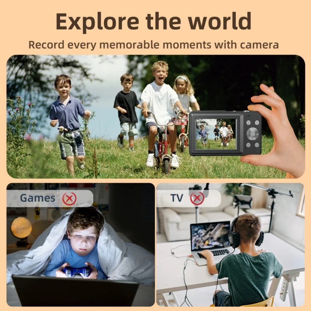 Digital Camera, FHD 1080P Kids Camera with 16X Zoom, 44MP Point and Shoot, 32GB Card, Anti-Shake, Compact Portable Camera for Boys Girls Students（Black）