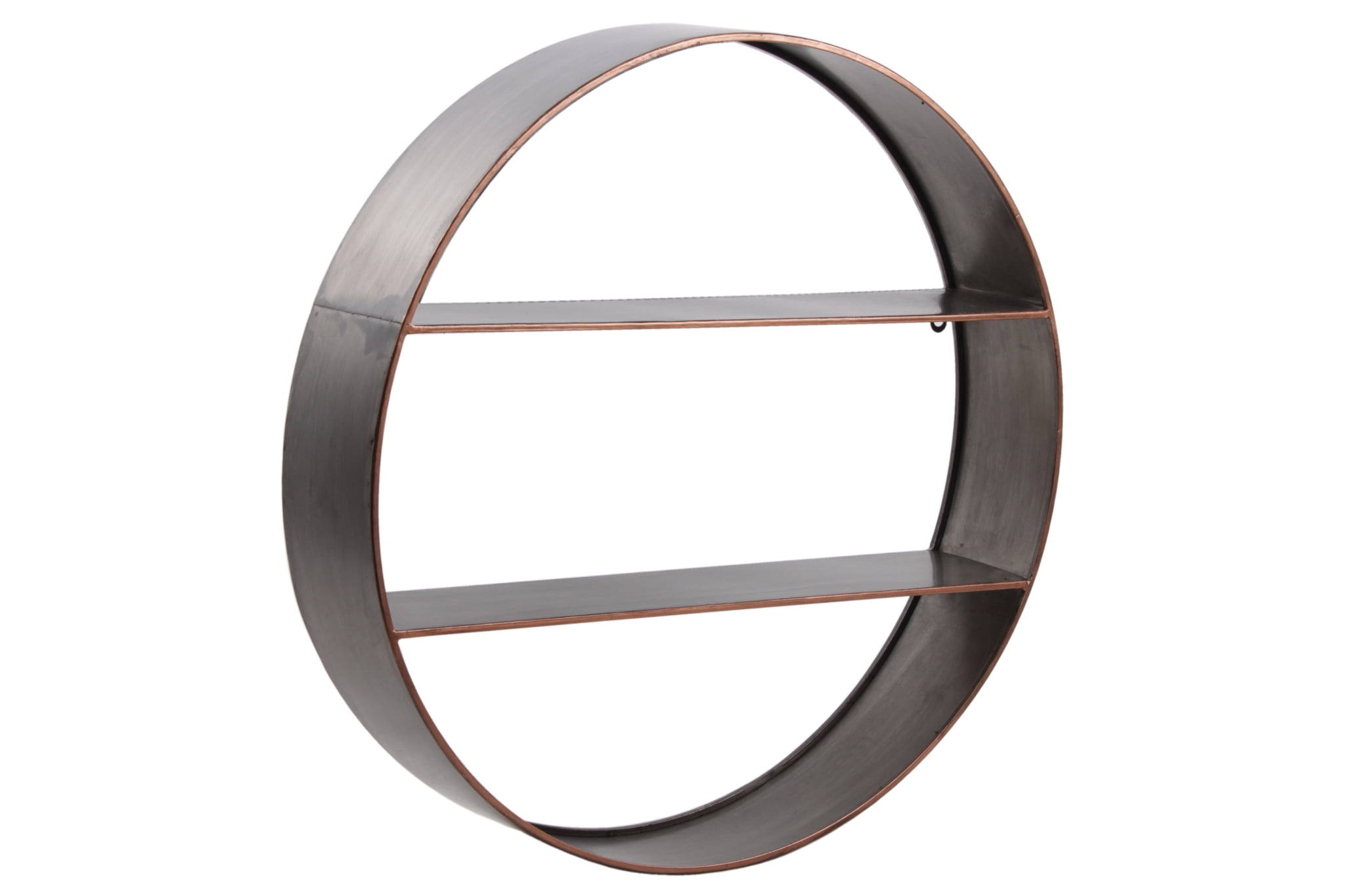 Round Metal Wall Shelf with 2 Tier Storage and Copper Edges, Bronze