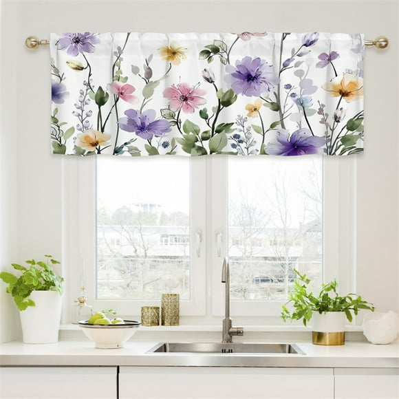 Floral Window Valance Curtain | Short Tier Curtain for Kitchen Bathroom Cafe | Thermal Insulating Valance with Colorful Flowers & Leaves | 52x18 Inches