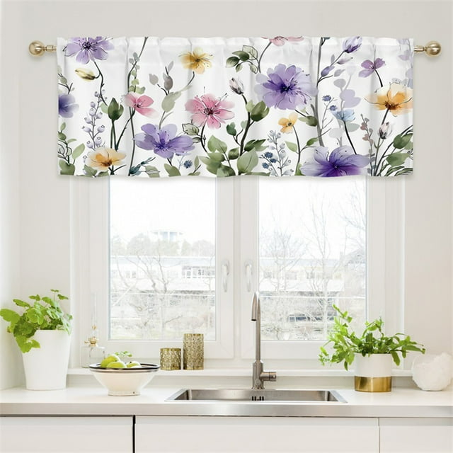 Cenefa Floral para Ventana, Cortina Corta, Colgante Decorativo con Estampado de Flores y Hojas Coloridas, 132x45cm, Niveles Aislantes Térmicos para Baño, Cocina, Cafeterías