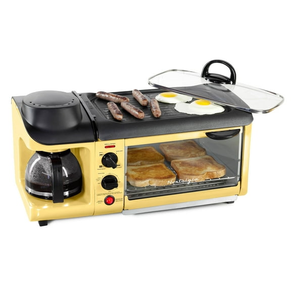 Nostalgia Retro 3-in-1 Non-Stick Electric Contact Grill, 4-Cup Coffee Maker, Toaster Oven