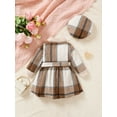 thumbnail image 4 of Mikrdoo Toddler Baby Girls Clothes 2 Years Girls Plaid Belted 3 Years Girls Buttons Cute Dress With Hat 2Pcs Outfits Khaki, 4 of 9